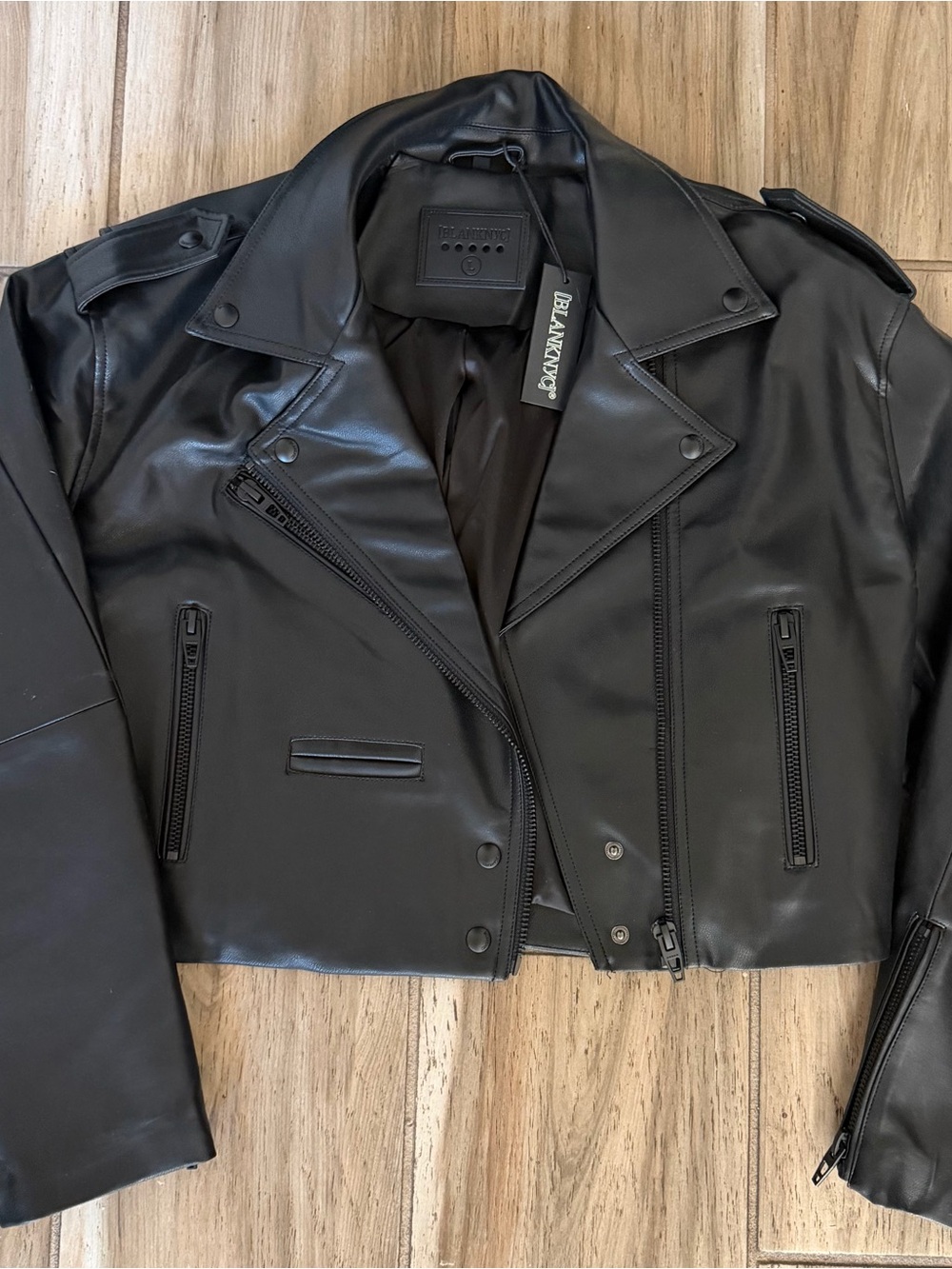 Blank NYC Black Cropped Faux Leather Moto Jacket
